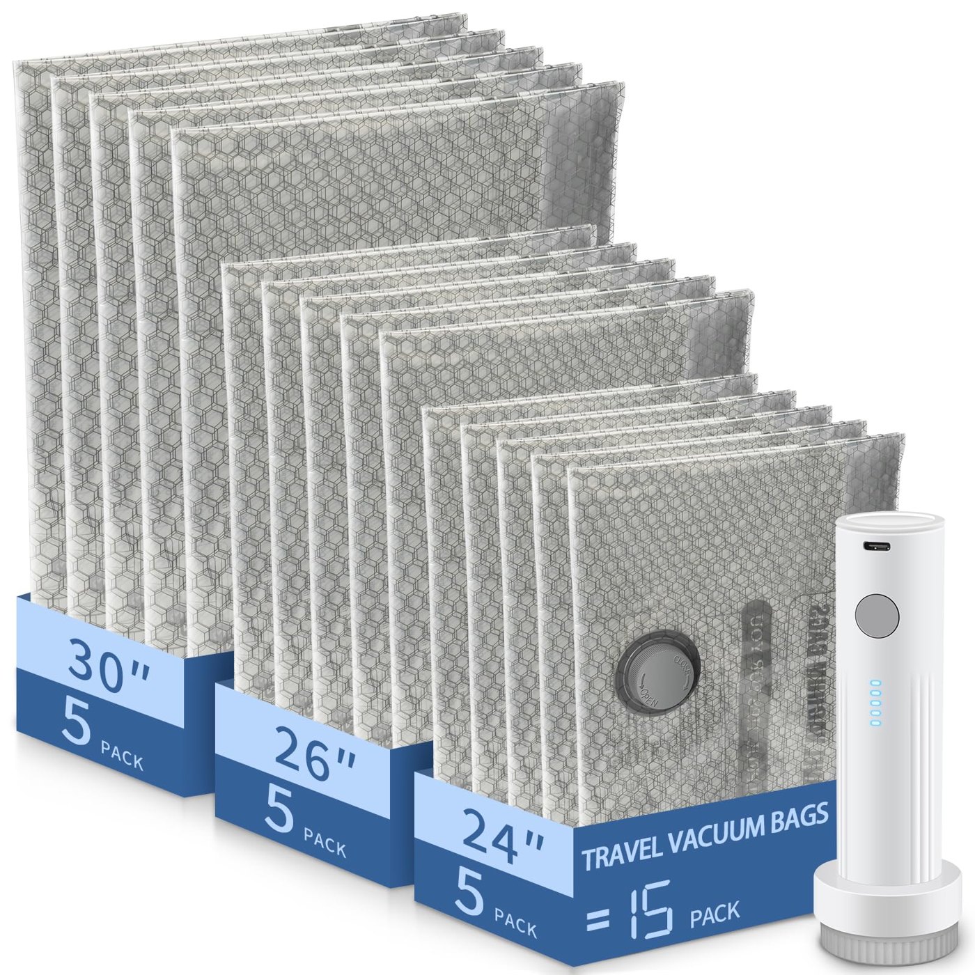 SORON 15-Pack Carry-On Vacuum Bags with Rechargeable Pump